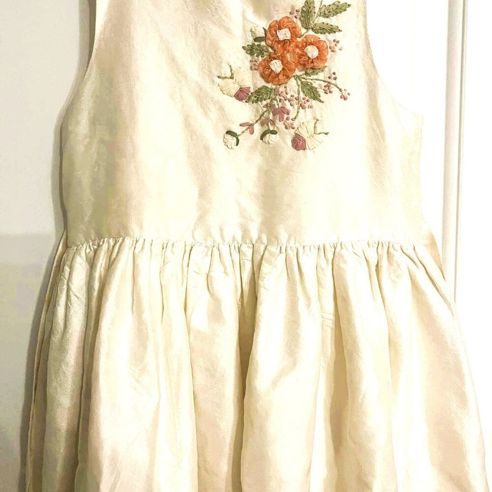 🌸 Monsoon Girls Silk Dress, Embroidered, Cream, Age 4–5